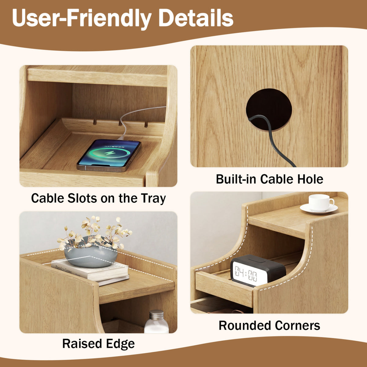 Set of 2 Solid Wood Night Side Table with Pull-out Tray and 2 Storage Drawers