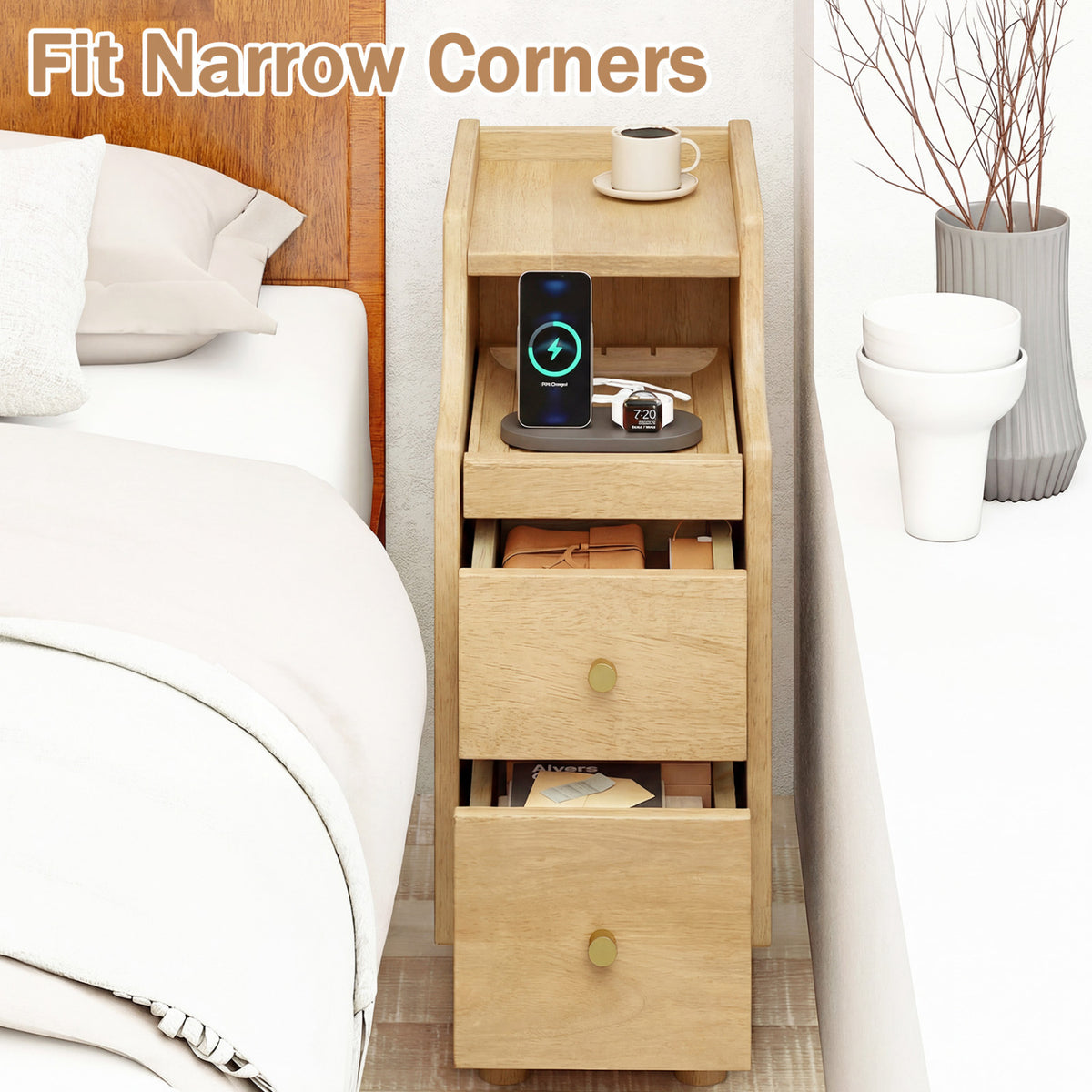 Set of 2 Solid Wood Night Side Table with Pull-out Tray and 2 Storage Drawers