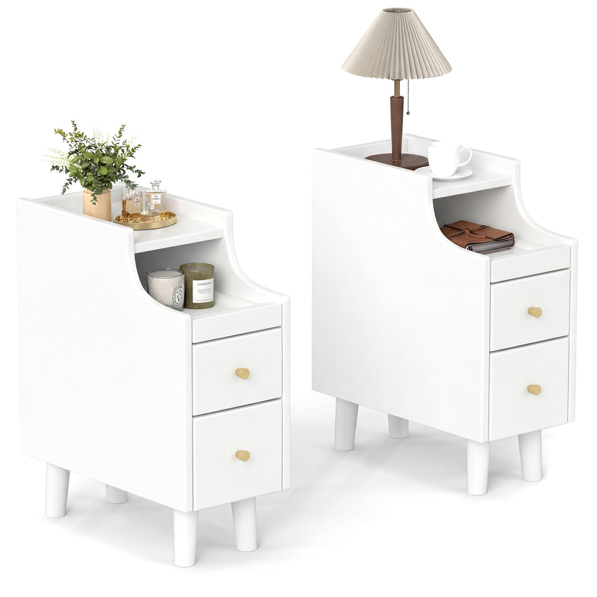 Set of 2 Solid Wood Night Side Table with Pull-out Tray and 2 Storage Drawers