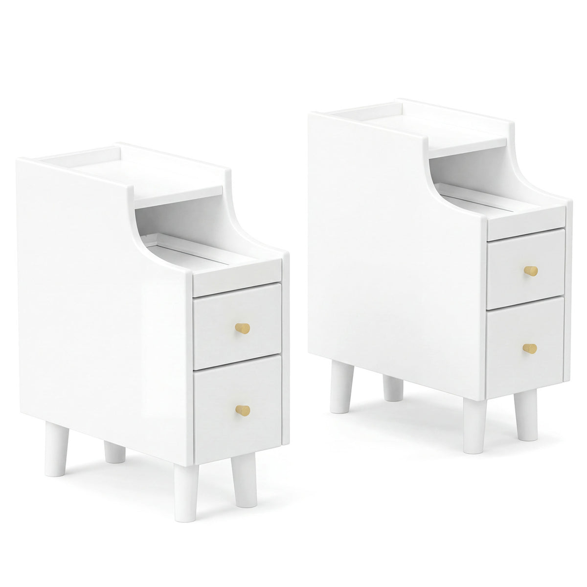 Set of 2 Solid Wood Night Side Table with Pull-out Tray and 2 Storage Drawers