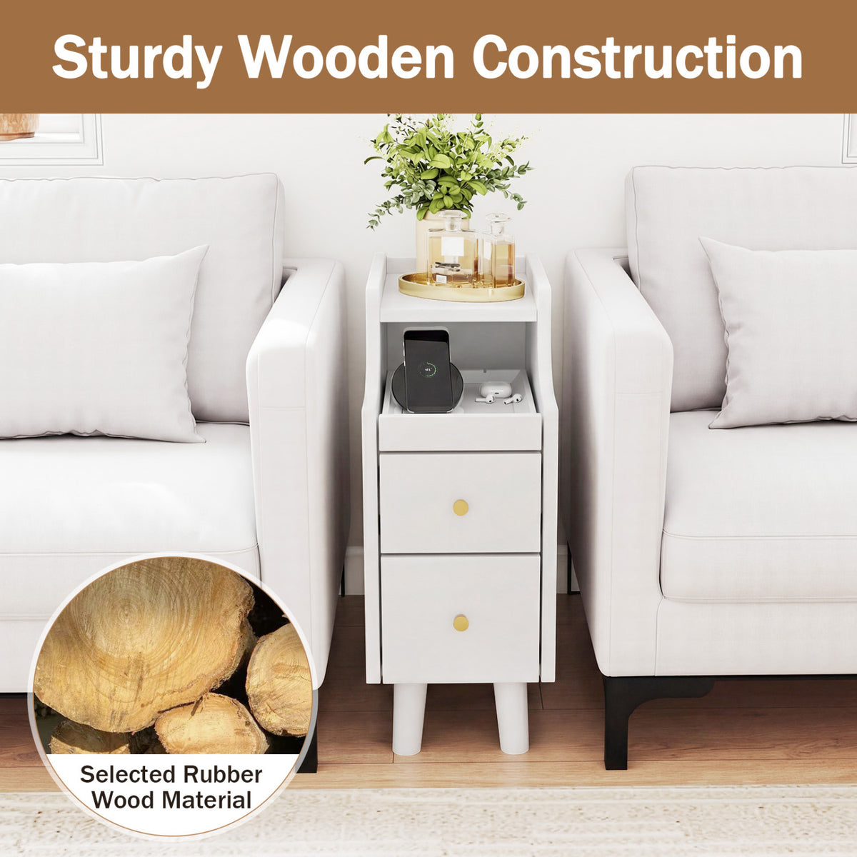 Set of 2 Solid Wood Night Side Table with Pull-out Tray and 2 Storage Drawers