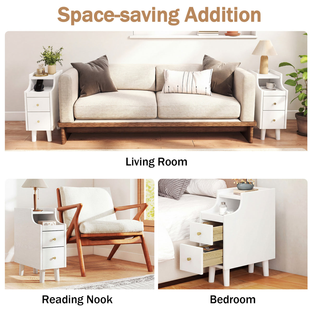 Set of 2 Solid Wood Night Side Table with Pull-out Tray and 2 Storage Drawers