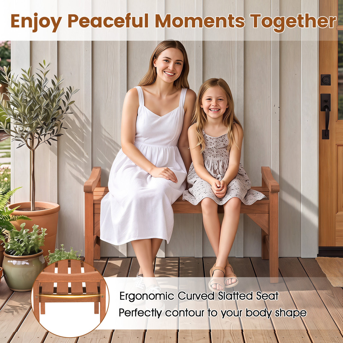 Set of 2 Solid Wood Backless Garden Bench with Support Handles and Curved Slatted Seat for Deck