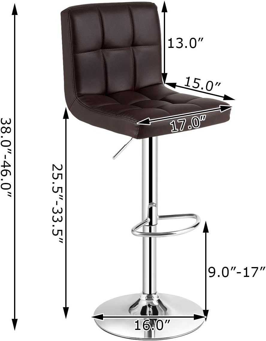 Set of 2 Square Swivel Adjustable PU Leather Bar Stools with Back and Footrest