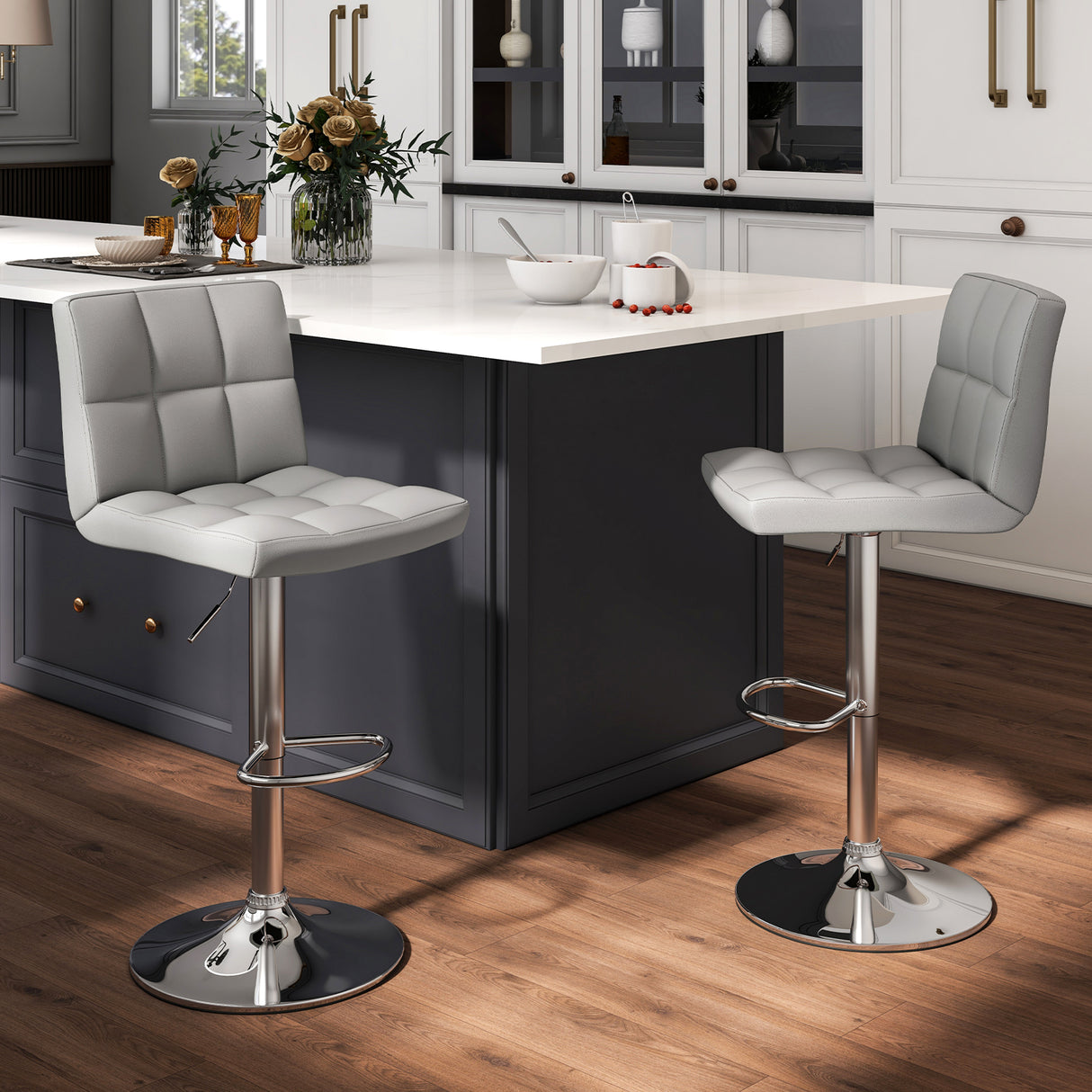 Set of 2 Square Swivel Adjustable PU Leather Bar Stools with Back and Footrest