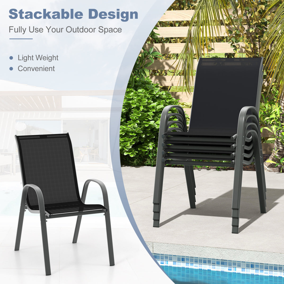 Set of 2 Stackable Patio Dining Chairs Set with Armrest