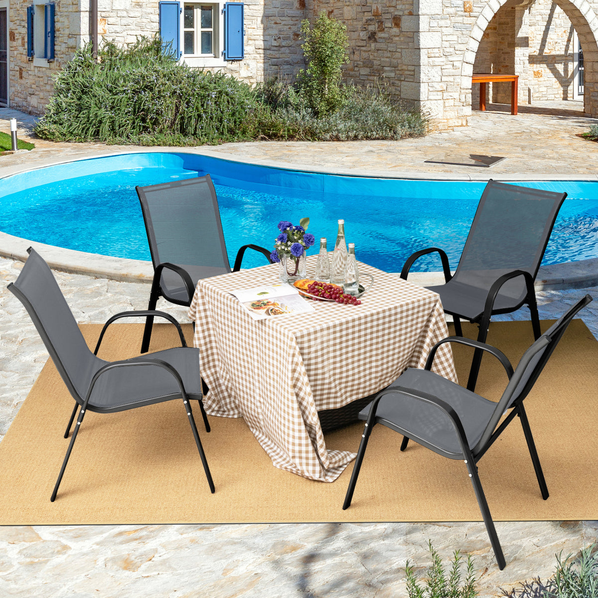 Set of 2 Stackable Patio Dining Chairs Set with Armrest