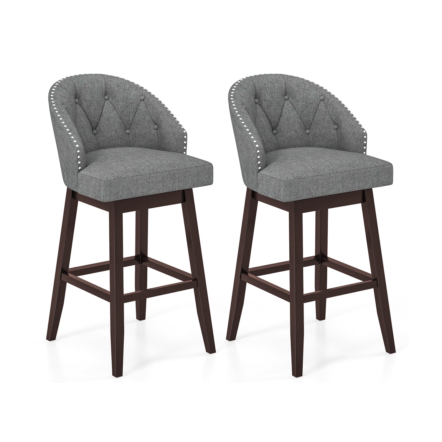 Set of 2 Swivel Bar Stools with Rubber Wood Legs and Padded Back