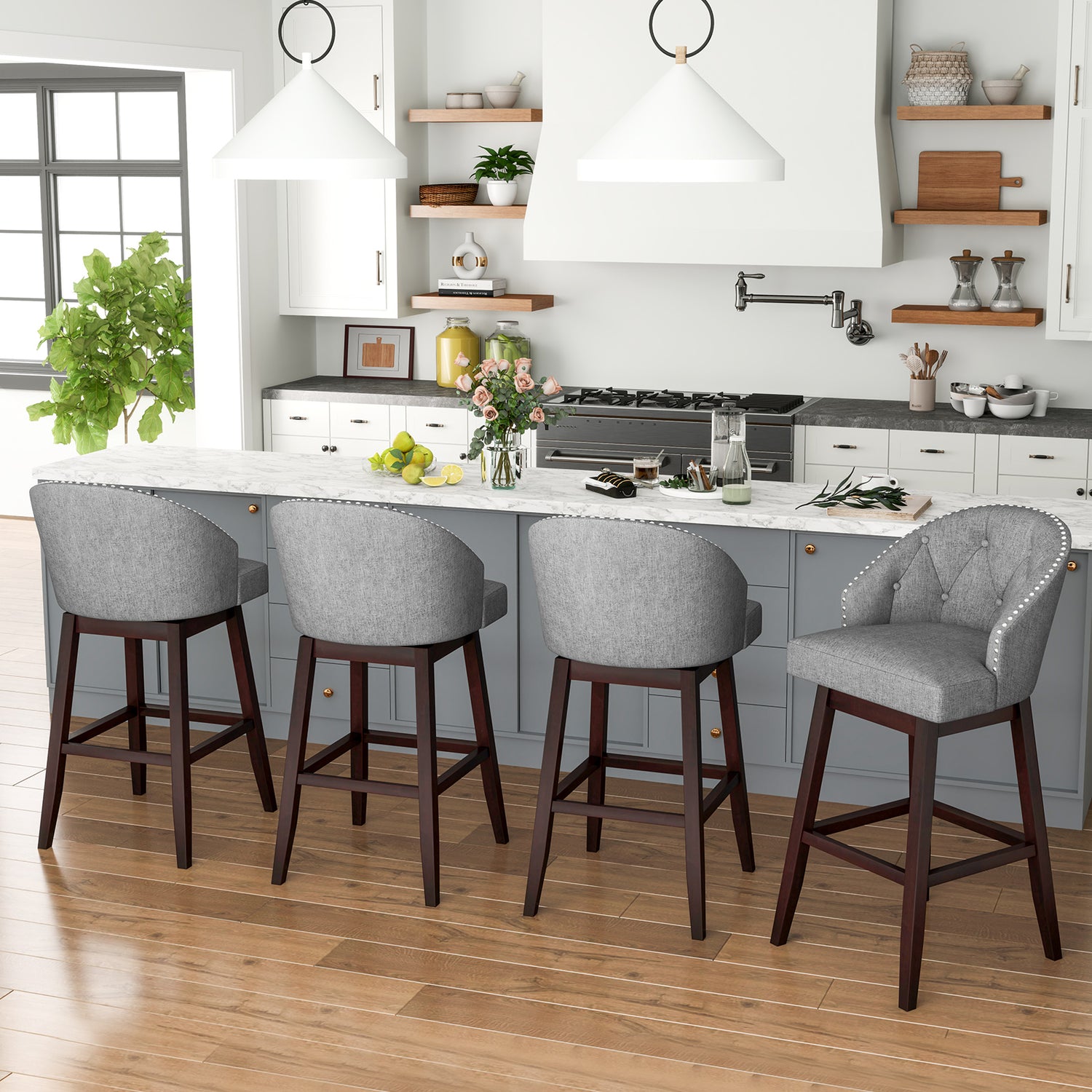 Set of 2 Swivel Bar Stools with Rubber Wood Legs and Padded Back