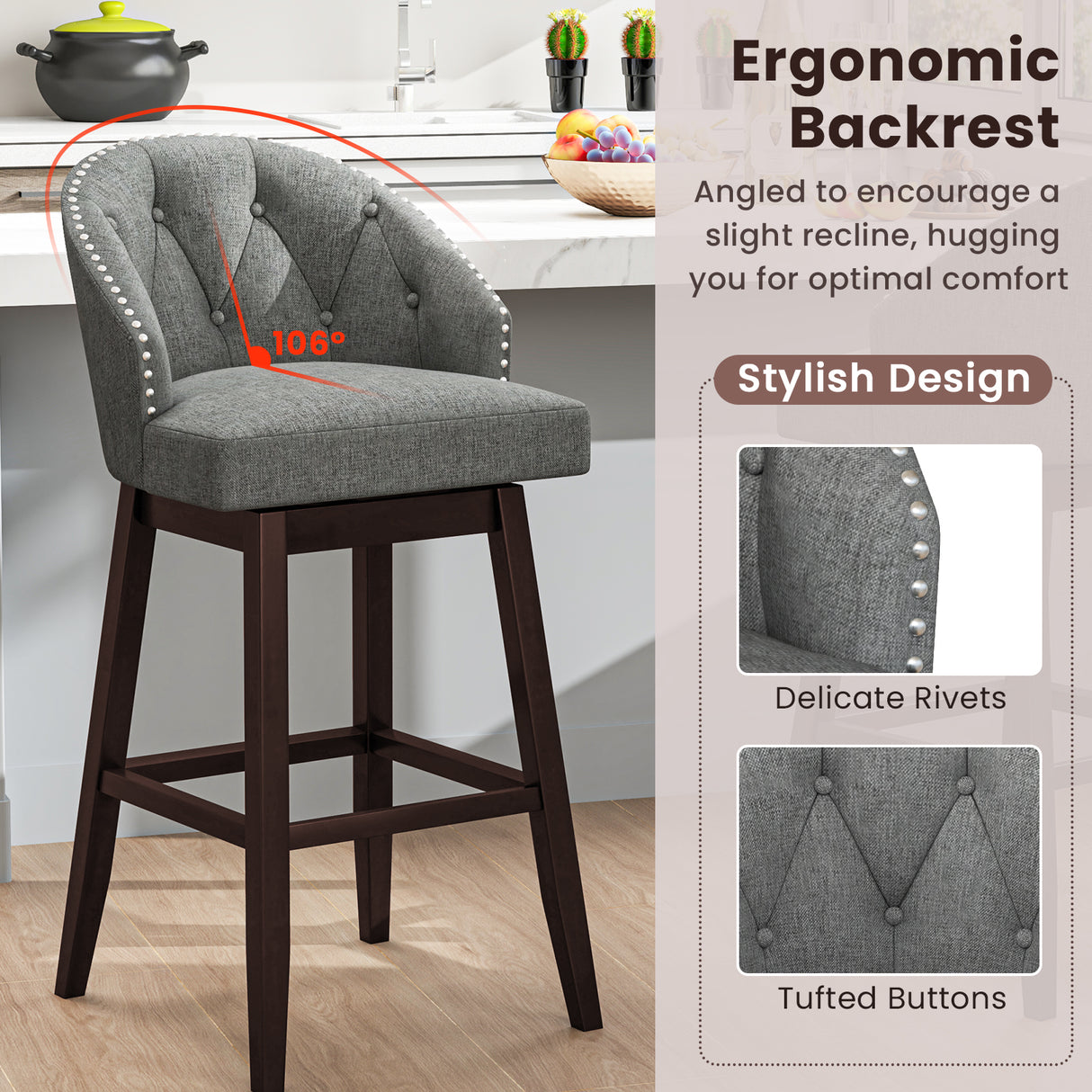 Set of 2 Swivel Bar Stools with Rubber Wood Legs and Padded Back