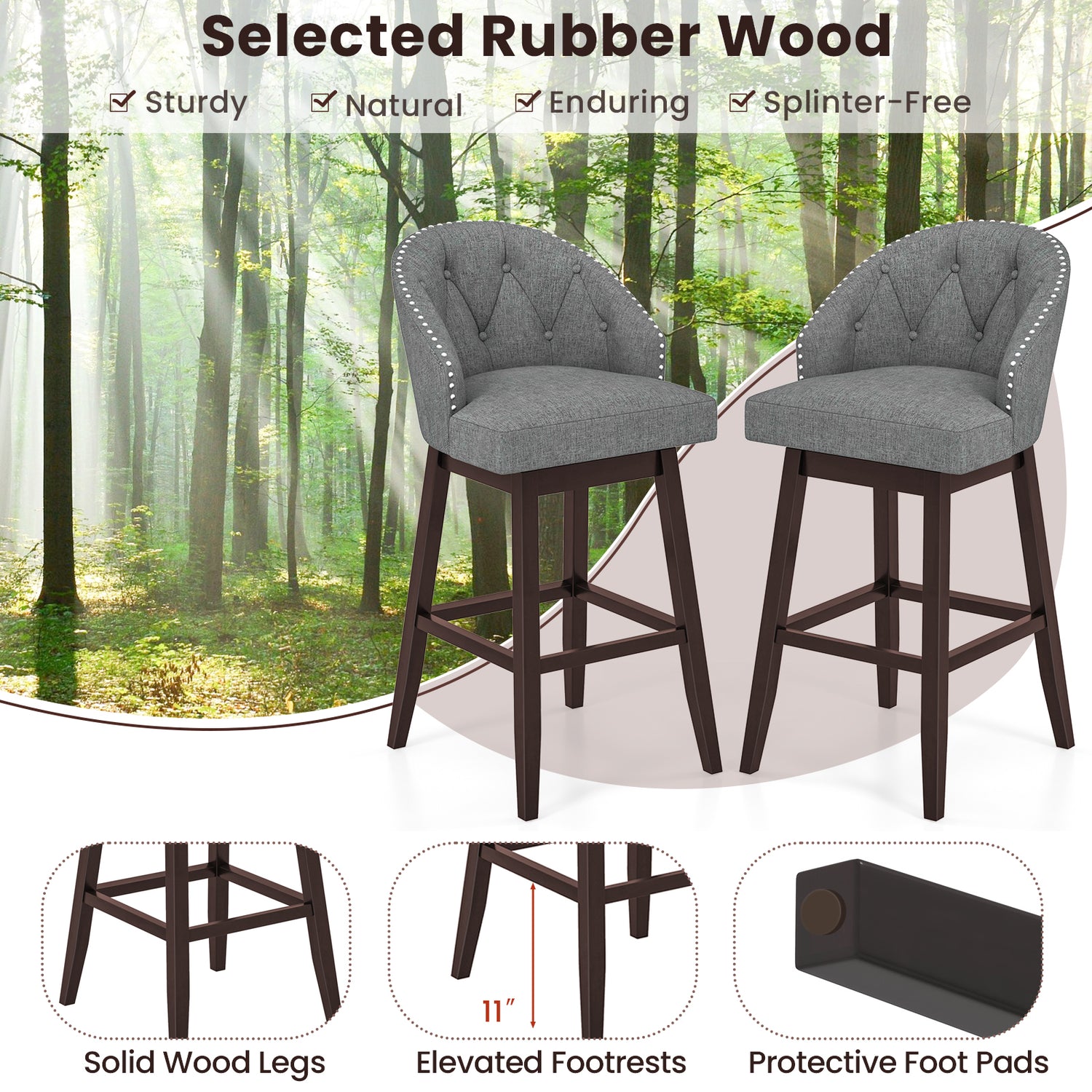Set of 2 Swivel Bar Stools with Rubber Wood Legs and Padded Back