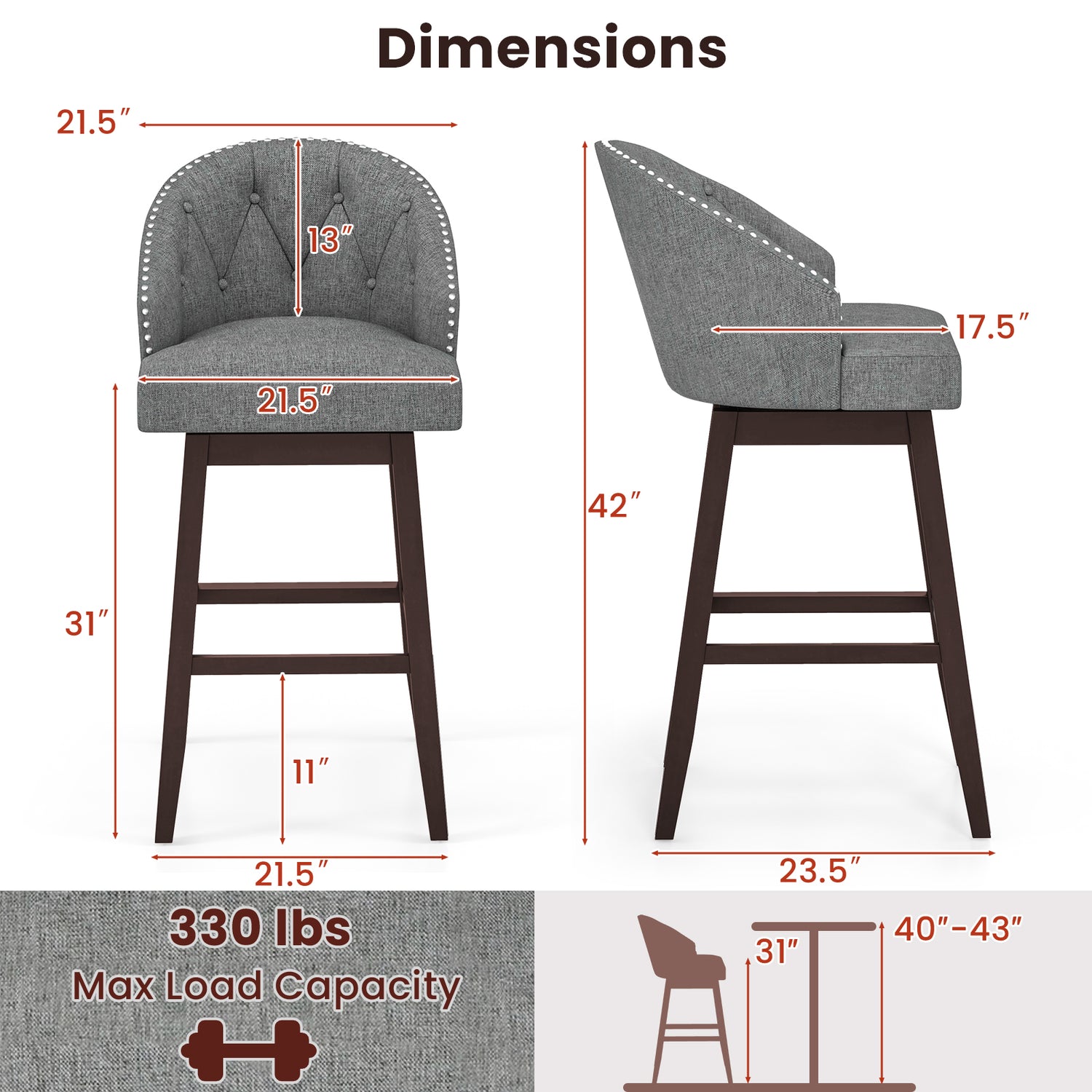 Set of 2 Swivel Bar Stools with Rubber Wood Legs and Padded Back