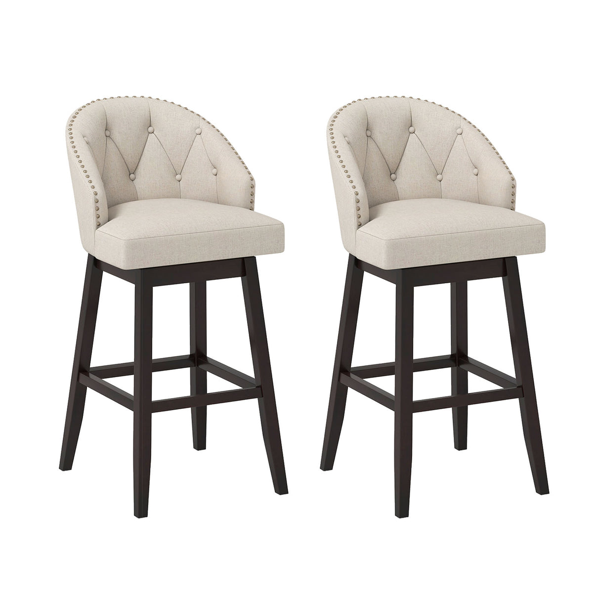 Set of 2 Swivel Bar Stools with Rubber Wood Legs and Padded Back