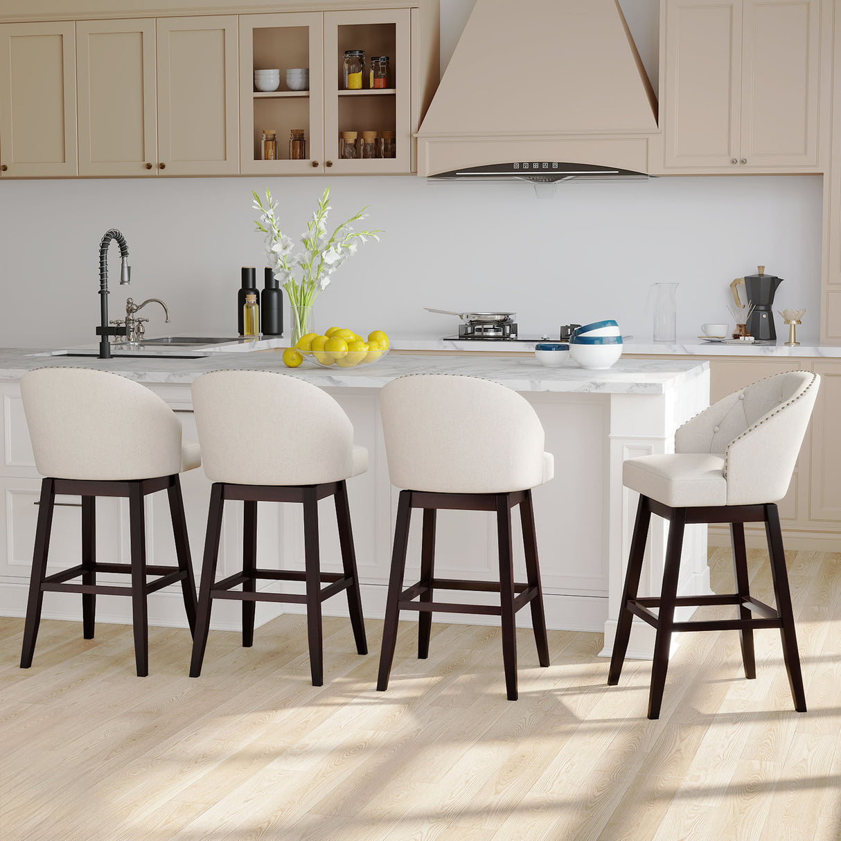 Set of 2 Swivel Bar Stools with Rubber Wood Legs and Padded Back
