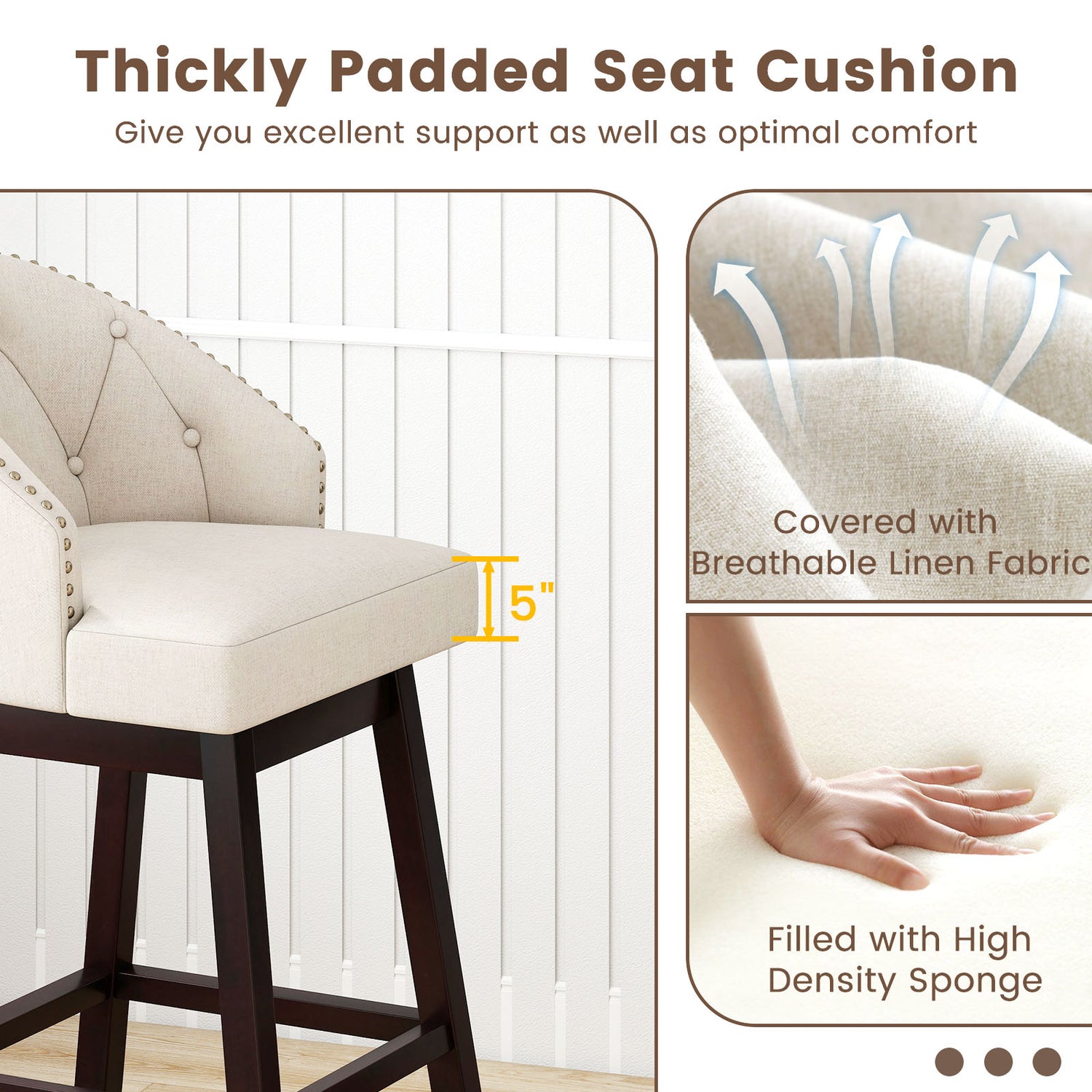 Set of 2 Swivel Bar Stools with Rubber Wood Legs and Padded Back