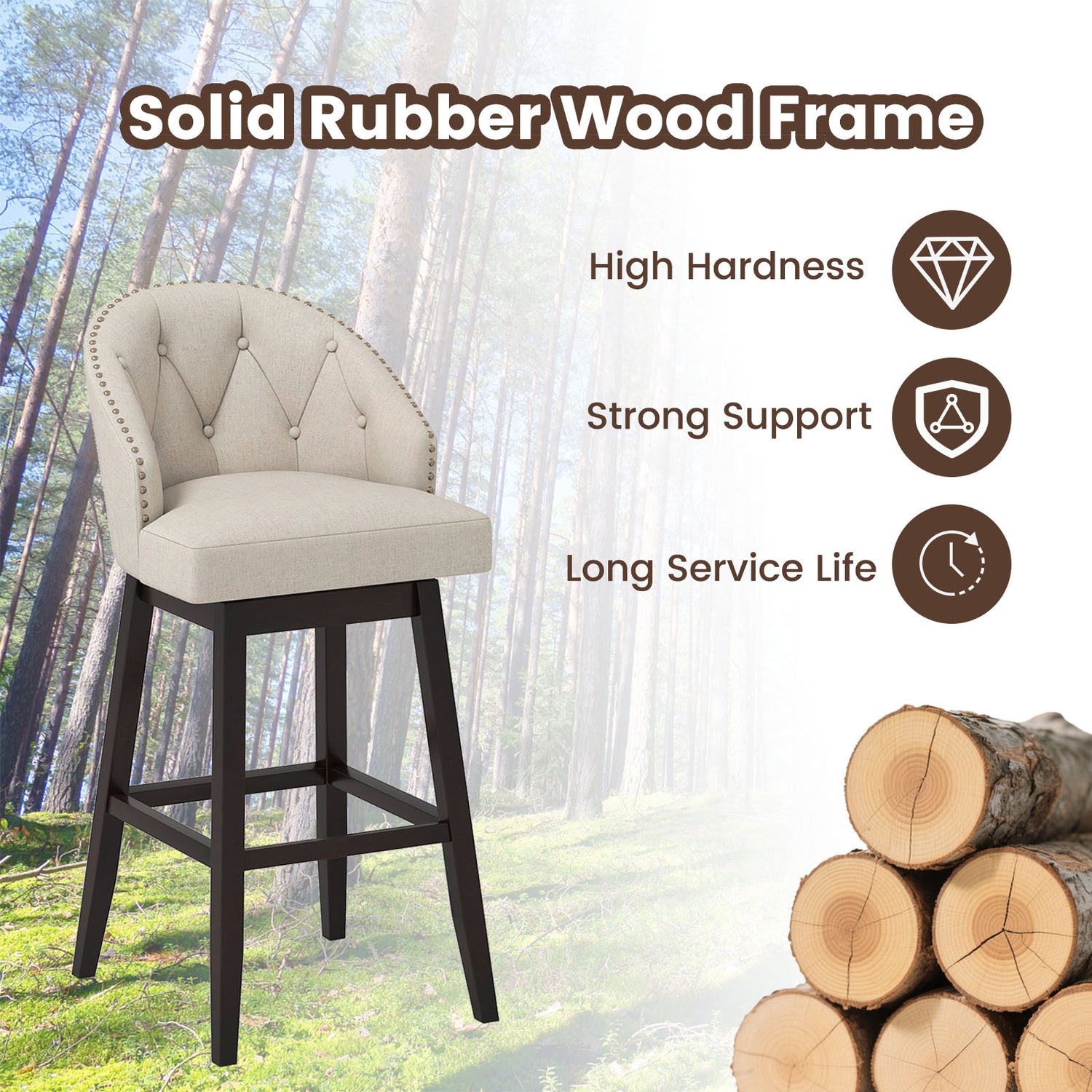 Set of 2 Swivel Bar Stools with Rubber Wood Legs and Padded Back