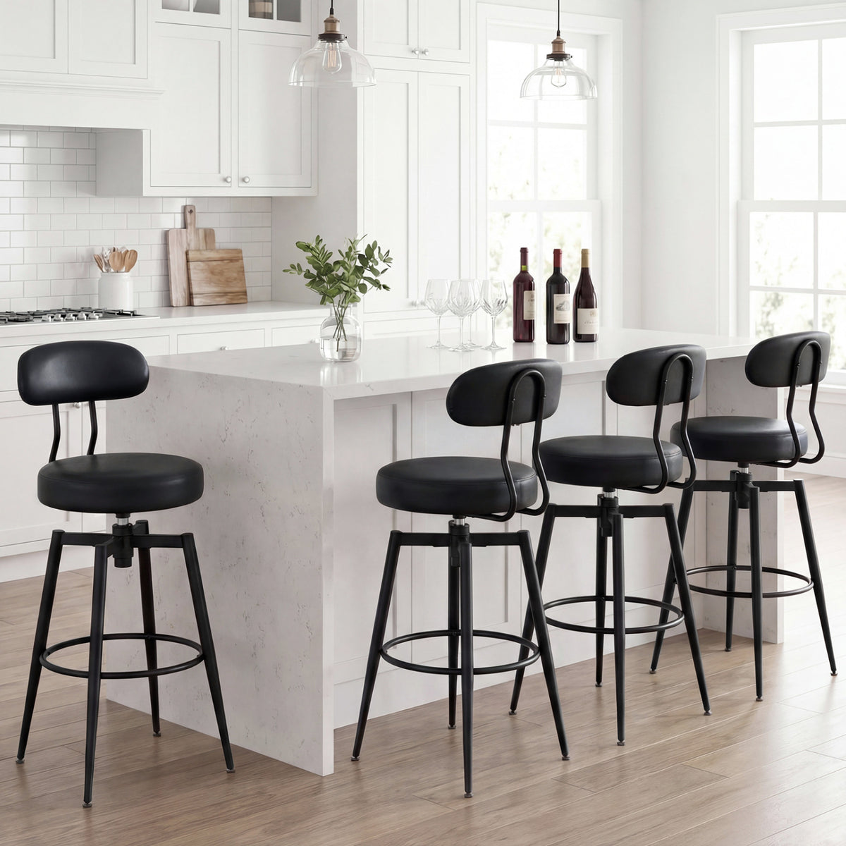 Set of 2 Swivel Barstools Faux Leather with Upholstered Seat and Back