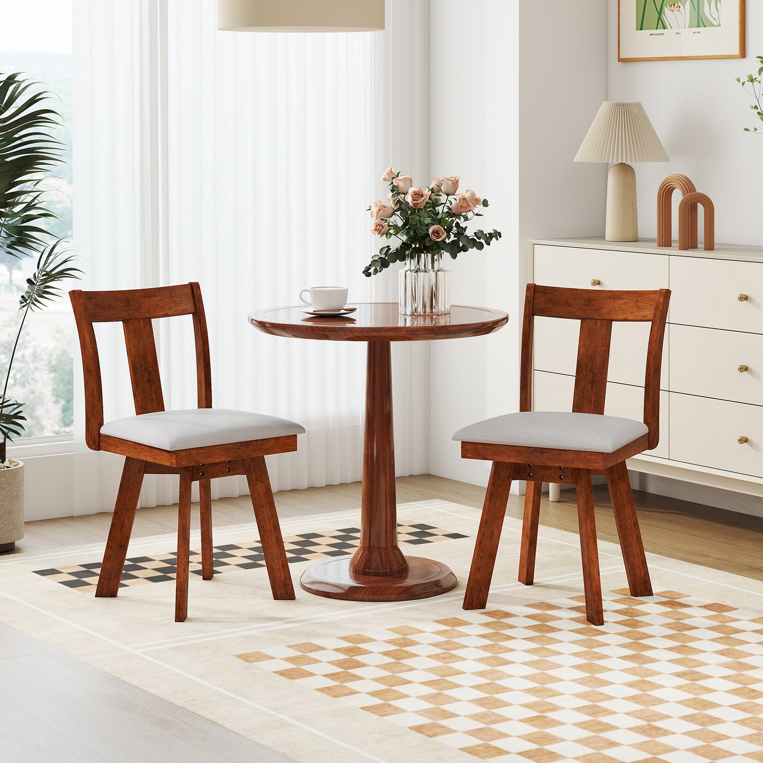 Set of 2 Swivel Dining Room Chairs with Rubber Wood Frame-Walnut