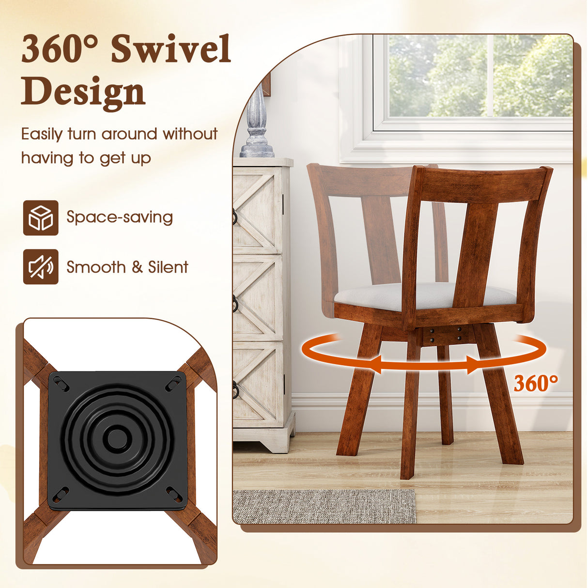 Set of 2 Swivel Dining Room Chairs with Rubber Wood Frame-Walnut