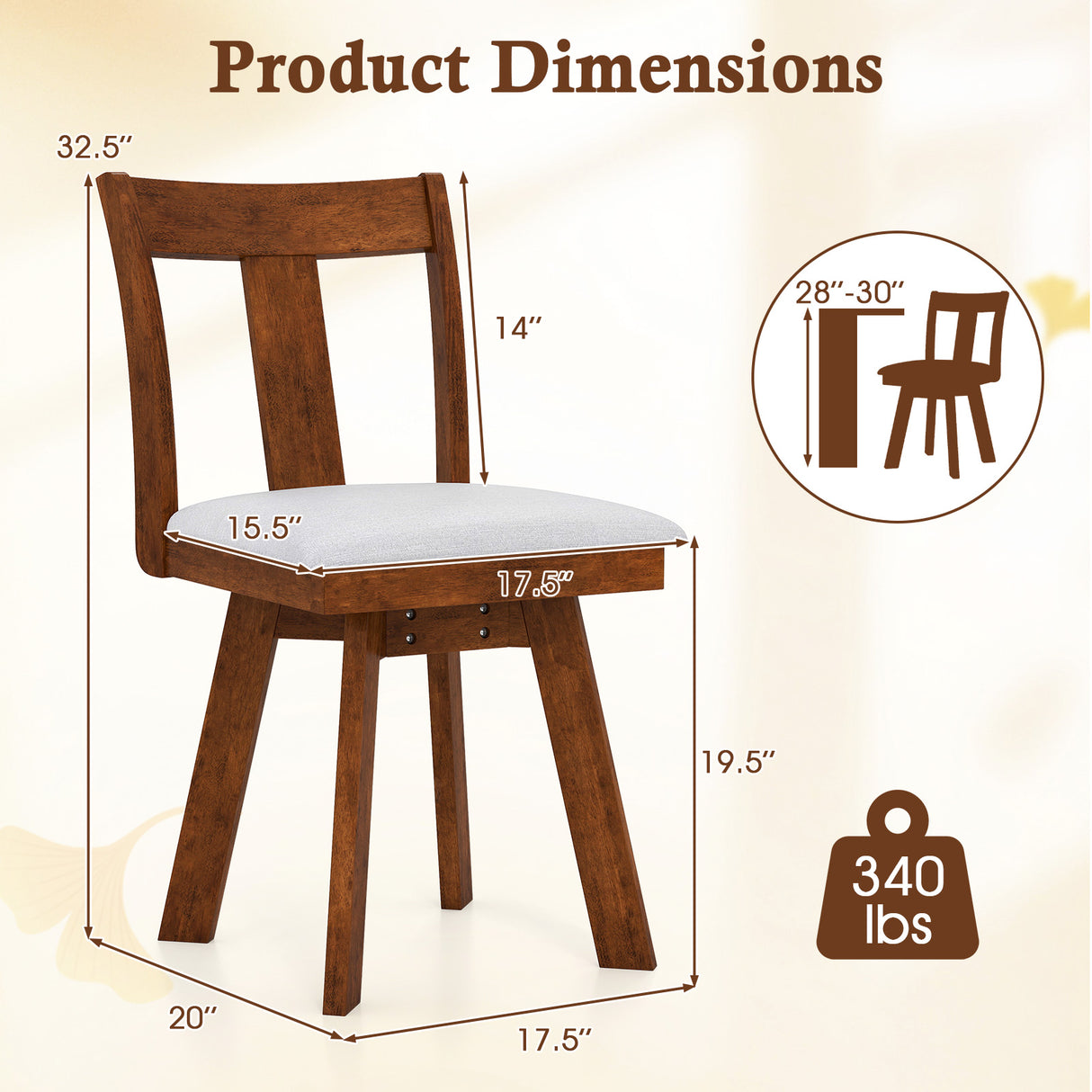 Set of 2 Swivel Dining Room Chairs with Rubber Wood Frame-Walnut