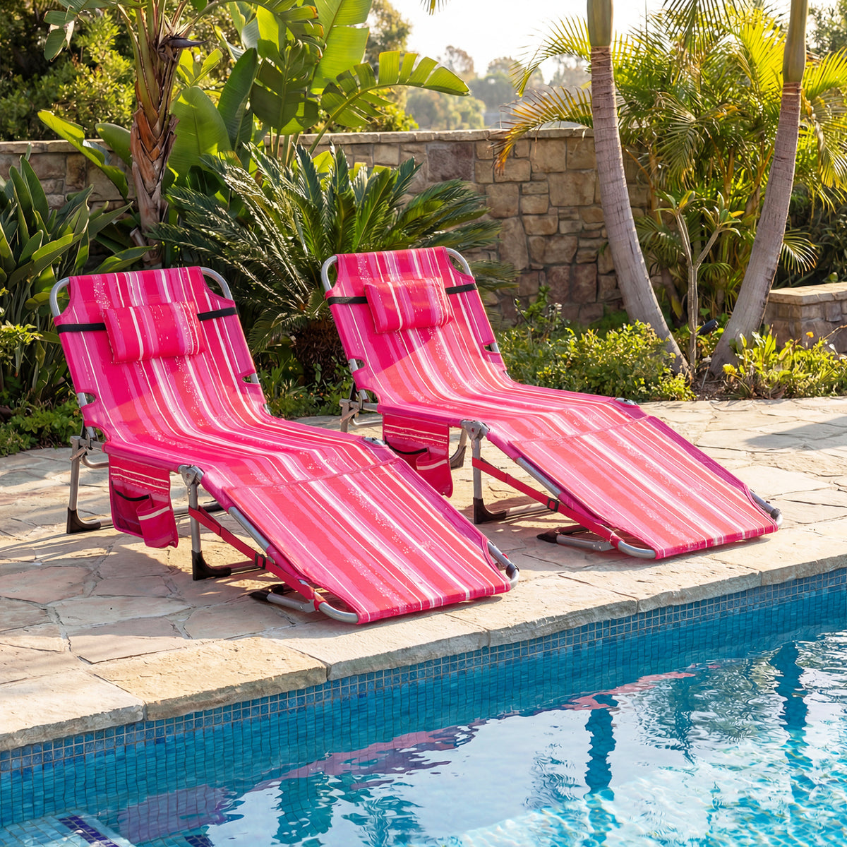 Set of 2 Tanning Chairs with Face Arm Holes Portable with 4-Level Backrest