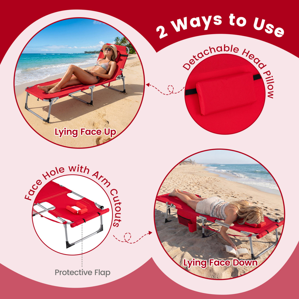 Set of 2 Tanning Chairs with Face Arm Holes Portable with 4-Level Backrest