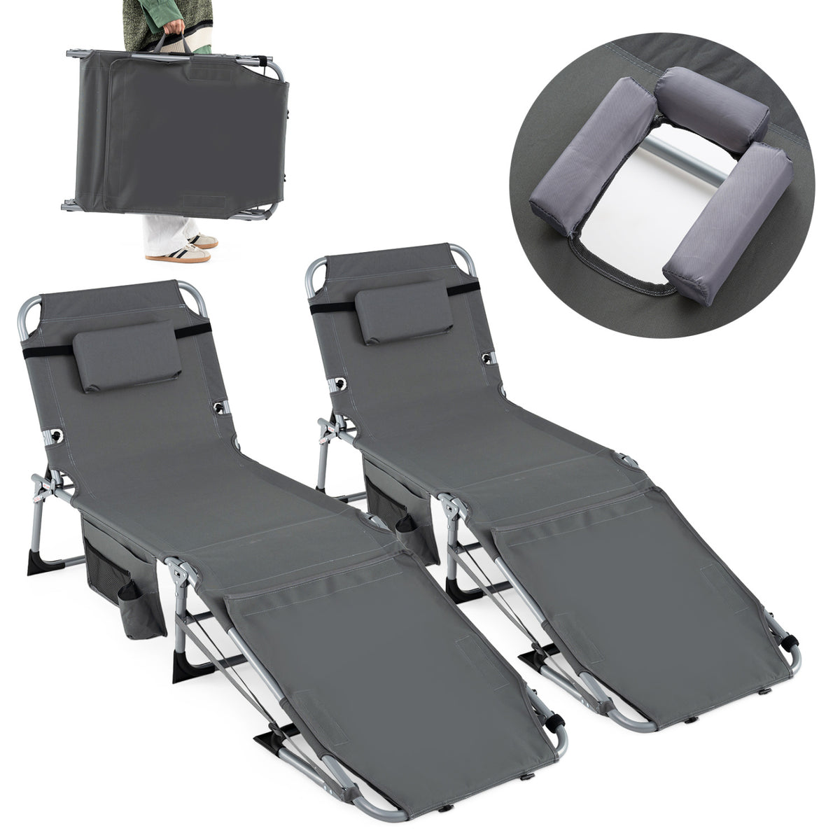 Set of 2 Tanning Chairs with Face Arm Holes Portable with 4-Level Backrest