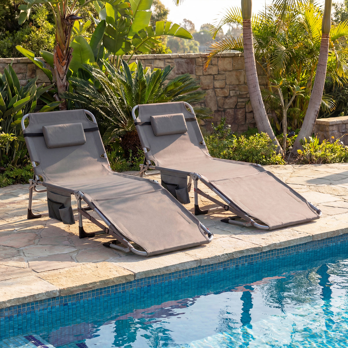 Set of 2 Tanning Chairs with Face Arm Holes Portable with 4-Level Backrest