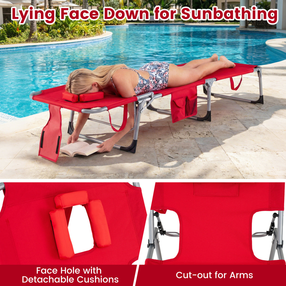 Set of 2 Tanning Chair Portable Chaise Lounge Chair with 4-Position Adjustable Backrest