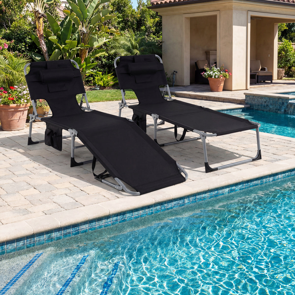 Set of 2 Tanning Chair Portable Chaise Lounge Chair with 4-Position Adjustable Backrest
