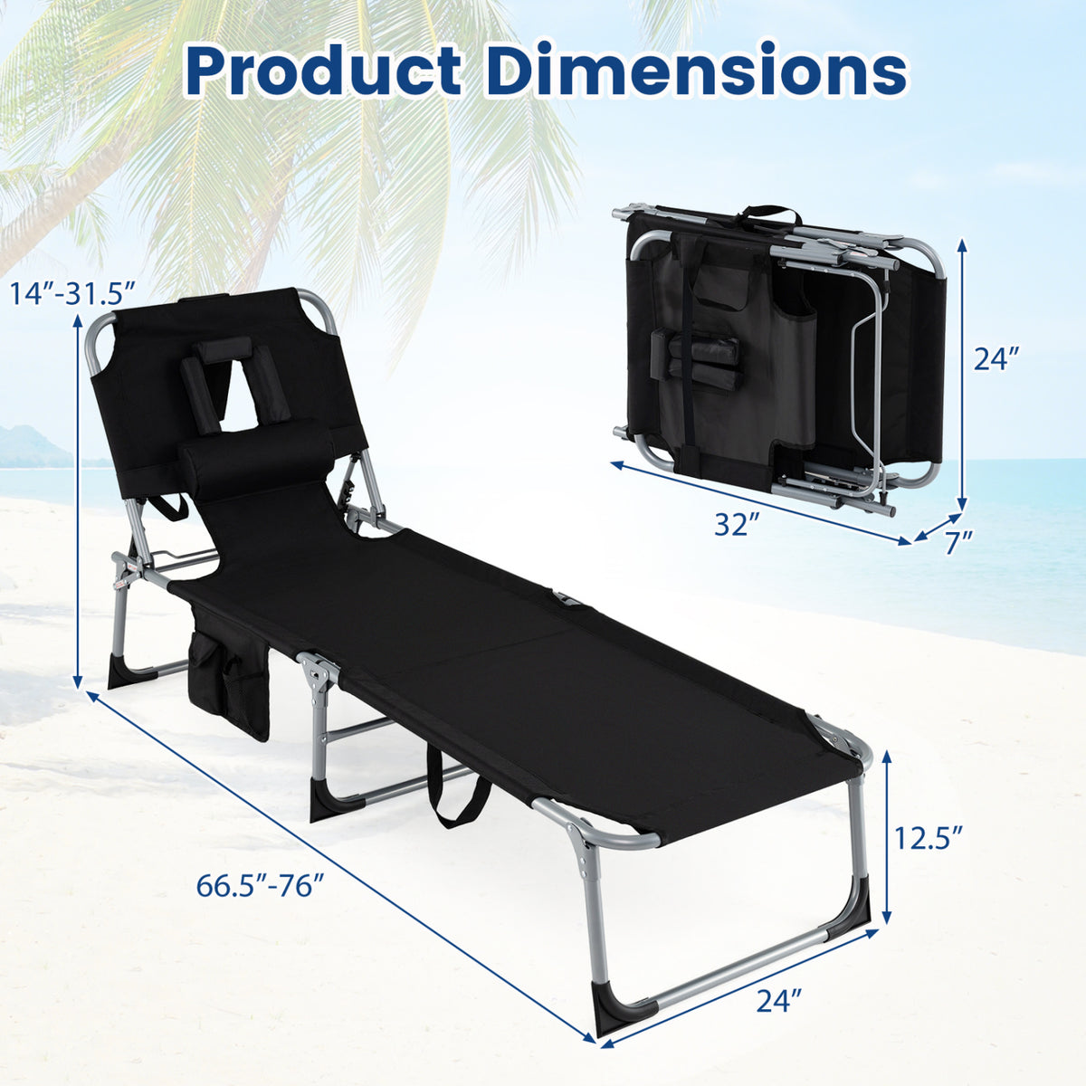 Set of 2 Tanning Chair Portable Chaise Lounge Chair with 4-Position Adjustable Backrest