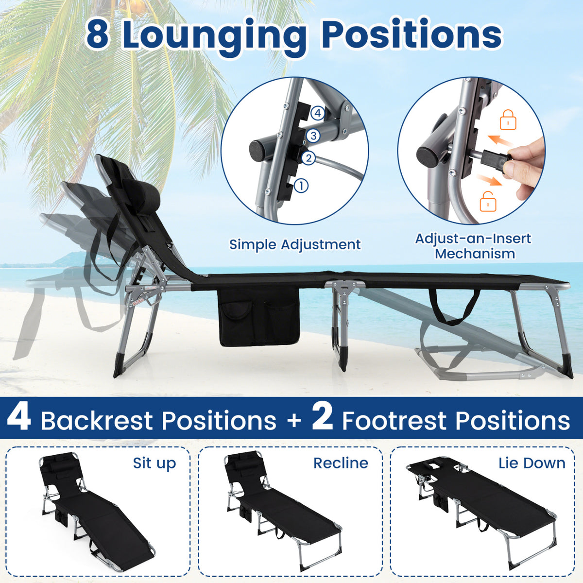 Set of 2 Tanning Chair Portable Chaise Lounge Chair with 4-Position Adjustable Backrest