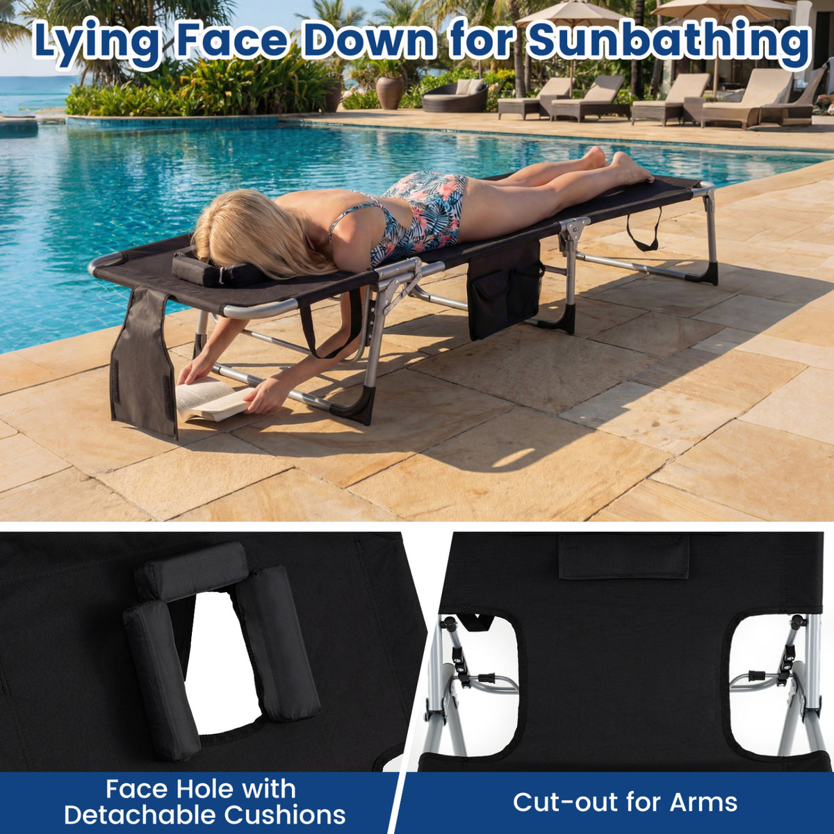 Set of 2 Tanning Chair Portable Chaise Lounge Chair with 4-Position Adjustable Backrest