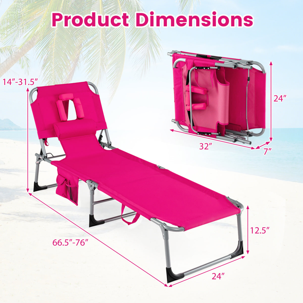 Set of 2 Tanning Chair Portable Chaise Lounge Chair with 4-Position Adjustable Backrest