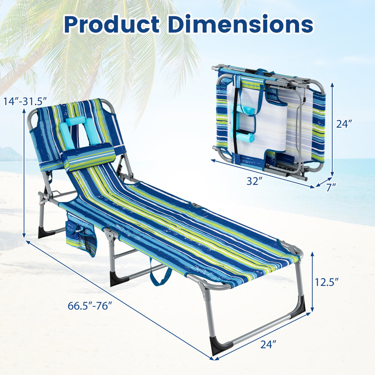 Set of 2 Tanning Chair Portable Chaise Lounge Chair with 4-Position Adjustable Backrest