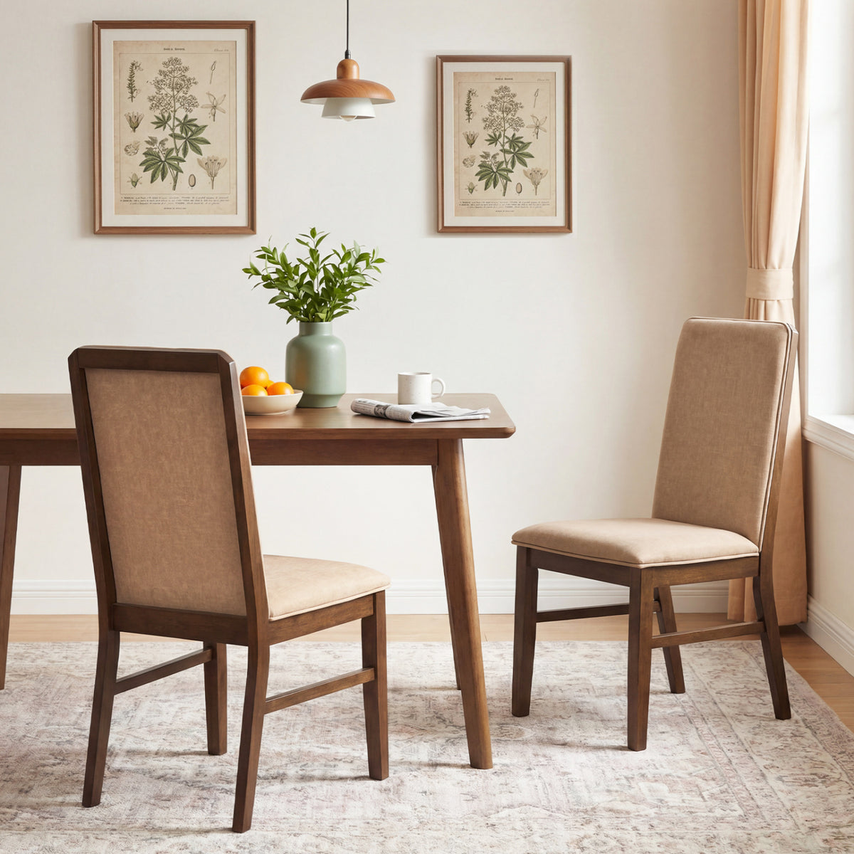 Set of 2 Upholstered Dining Chairs with Solid Rubber Wood Legs-Brown