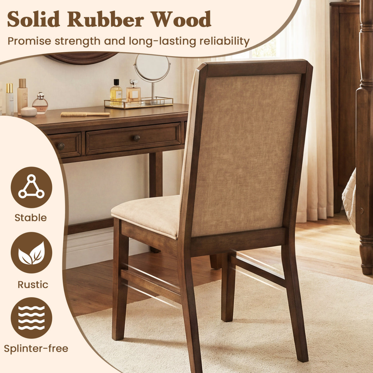Set of 2 Upholstered Dining Chairs with Solid Rubber Wood Legs-Brown