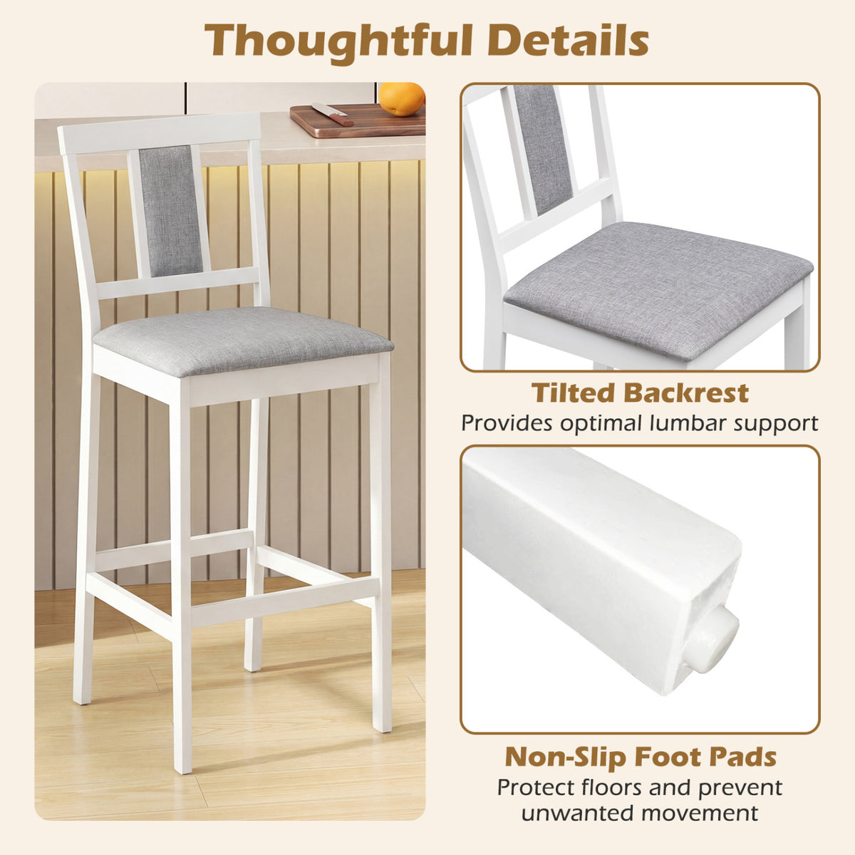 Set of 2 Upholstered Barstool 29.5 Inch Bar Height with Solid Rubber Wood Frame