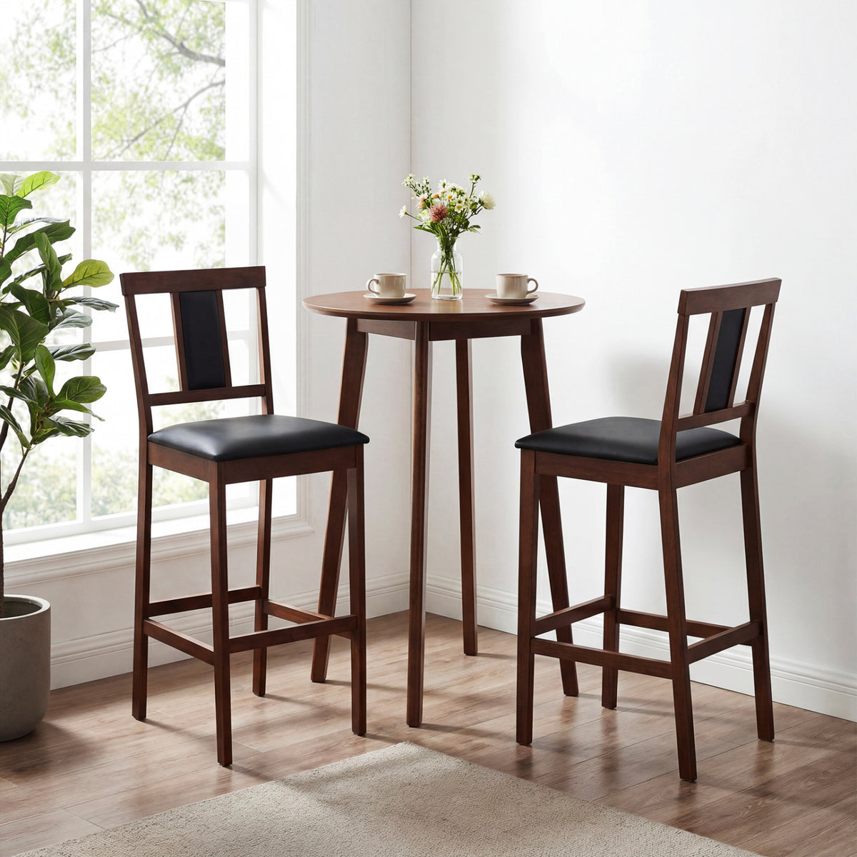 Set of 2 Upholstered Barstool 29.5 Inch Bar Height with Solid Rubber Wood Frame