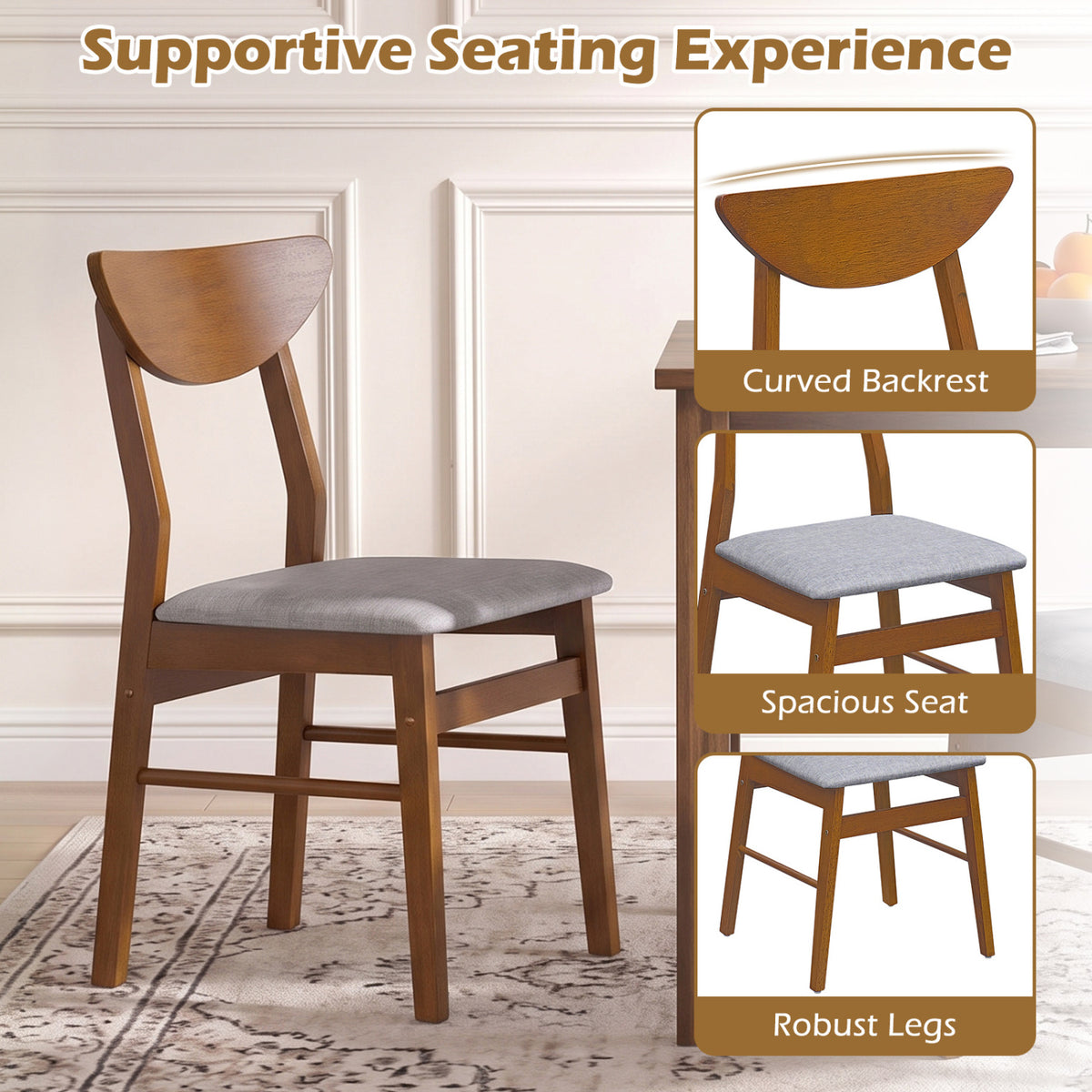 Set of 2 Upholstered Dining Chairs with Curved Backrest and Rubber Wood Frame