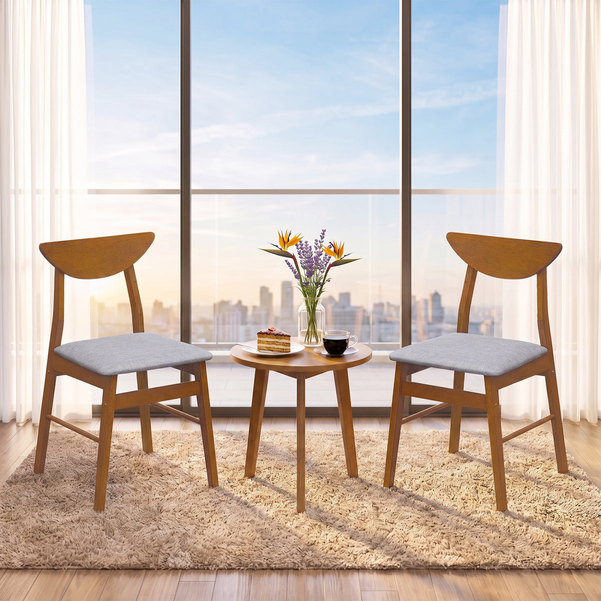 Set of 2 Upholstered Dining Chairs with Curved Backrest and Rubber Wood Frame