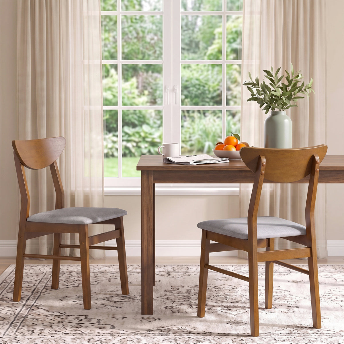 Set of 2 Upholstered Dining Chairs with Curved Backrest and Rubber Wood Frame