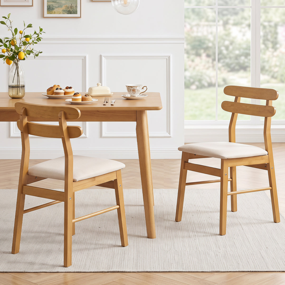 Set of 2 Upholstered Dining Chairs with Padded Seat and Solid Wood Legs