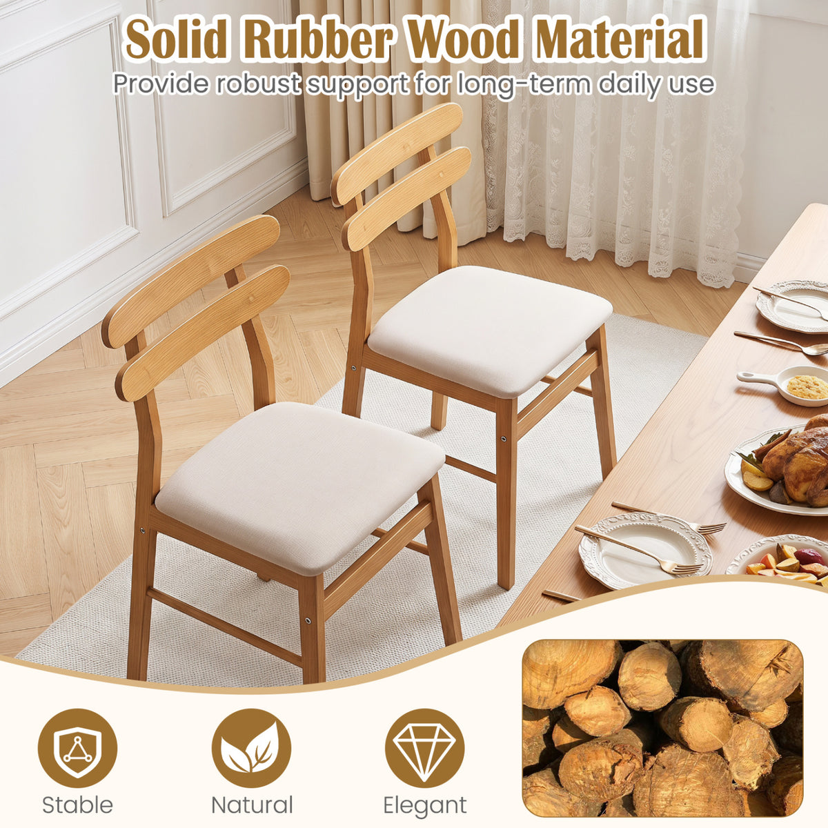 Set of 2 Upholstered Dining Chairs with Padded Seat and Solid Wood Legs