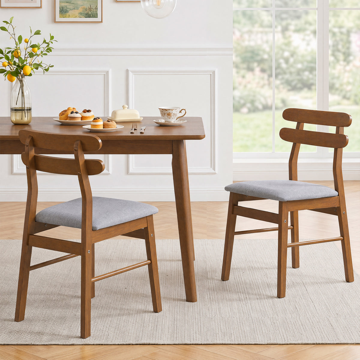 Set of 2 Upholstered Dining Chairs with Padded Seat and Solid Wood Legs