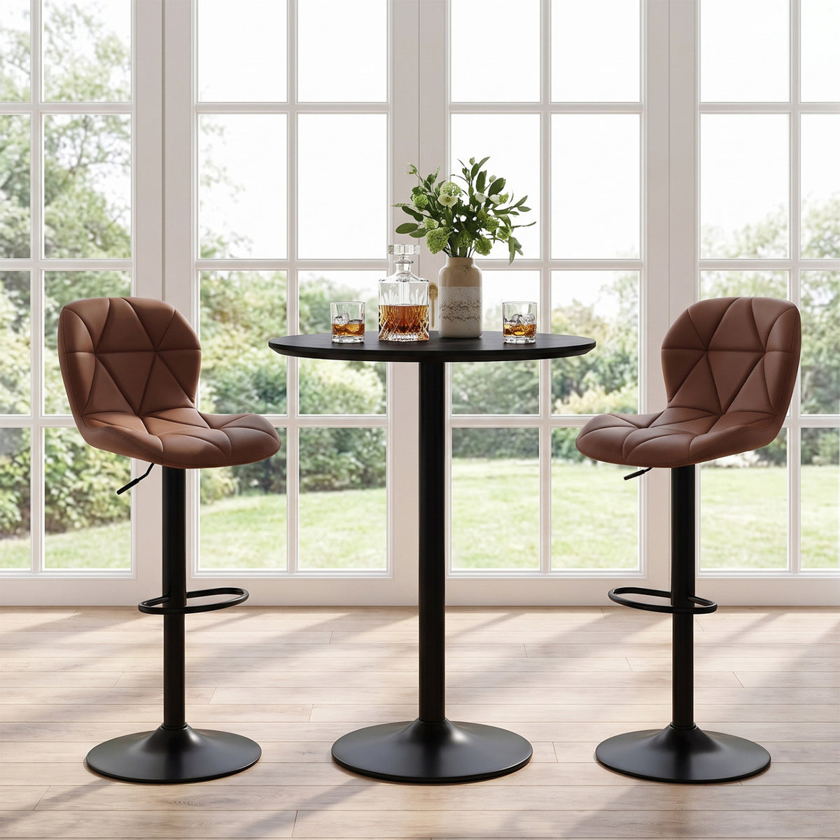 Set of 2 Upholstered Swivel Bar Stools with Adjustable Height and Curved Backs