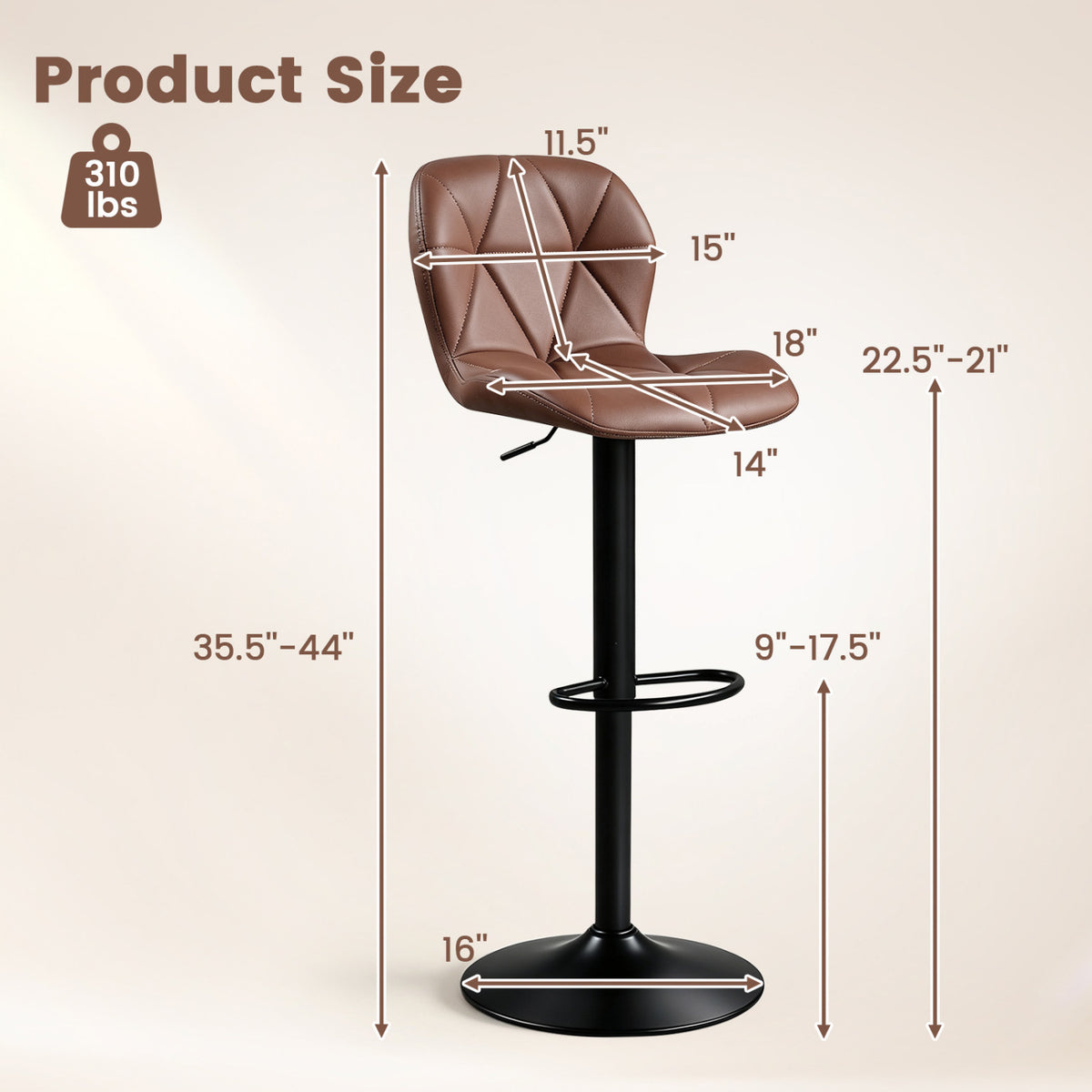 Set of 2 Upholstered Swivel Bar Stools with Adjustable Height and Curved Backs