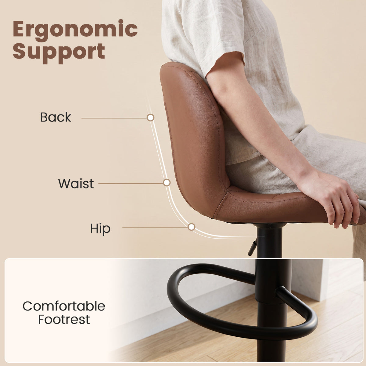 Set of 2 Upholstered Swivel Bar Stools with Adjustable Height and Curved Backs