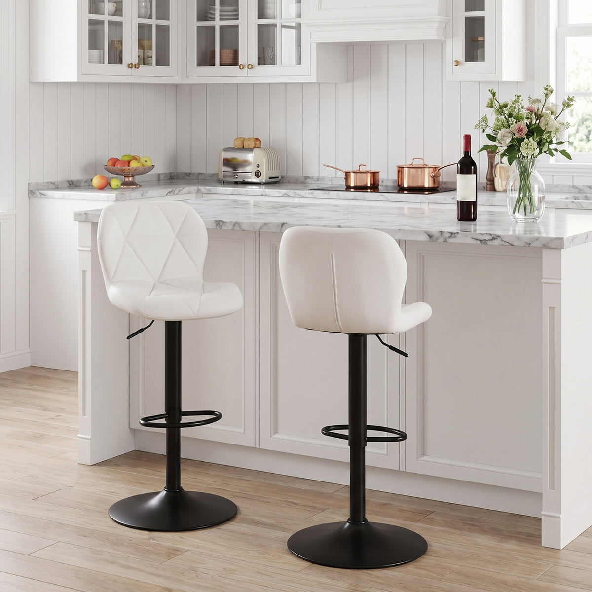Set of 2 Upholstered Swivel Bar Stools with Adjustable Height and Curved Backs