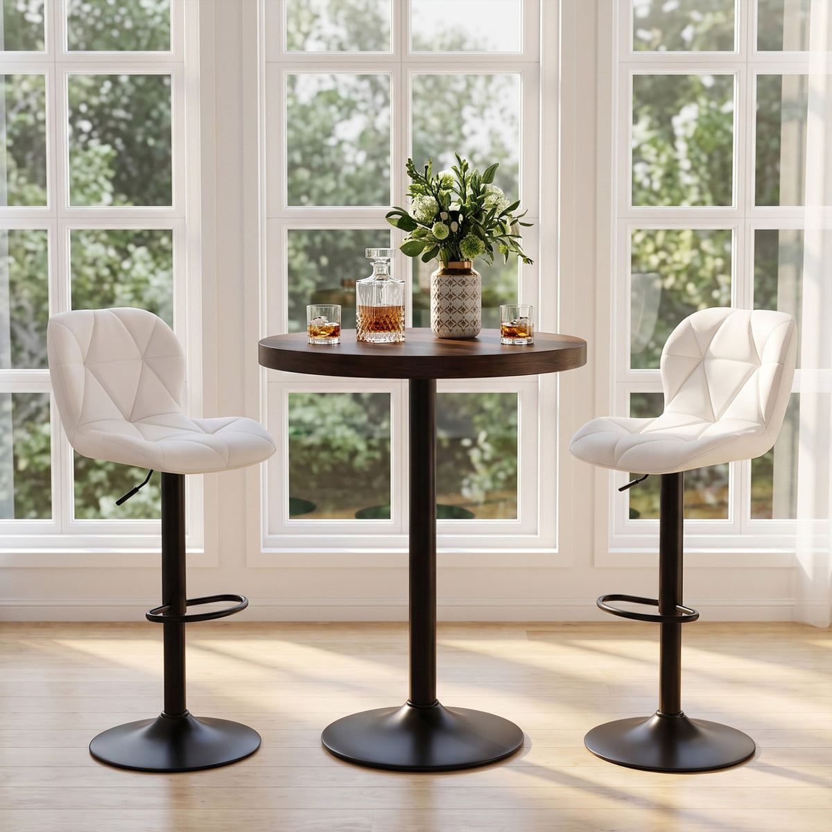 Set of 2 Upholstered Swivel Bar Stools with Adjustable Height and Curved Backs